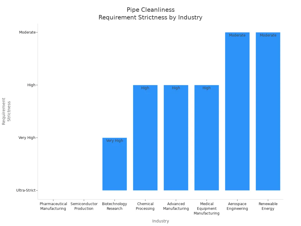 Bar chart comparing pipe cleanliness requirement strictness across industries